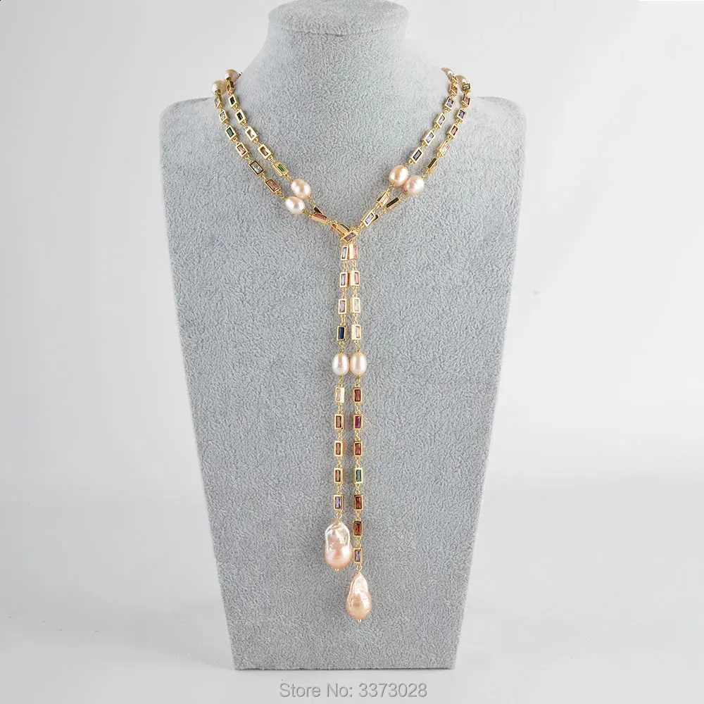 Collier en perles Keshi roses de culture, 50 couleurs mélangées, rectangulaire, pavé de Cz, longue chaîne, 240202