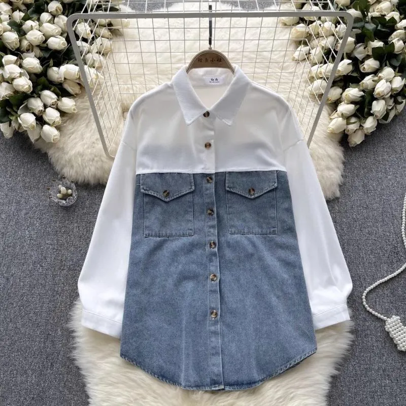 Kadınlar Buzlar Denim Bluz Kadınlar Moda Uzun Kollu Dönüş Yaka Yakası Tek Patchwork Gömlek Sonbahar Şık Bayan Üstler Drop