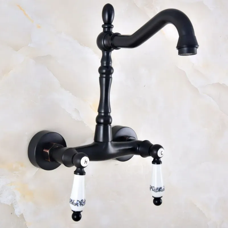 Bathroom Sink Faucets Dual Handle Duals Hole Wall Mount Basin Faucet Oil Rubbed Bronze Vanity Kitchen Cold Water Taps Dnf826