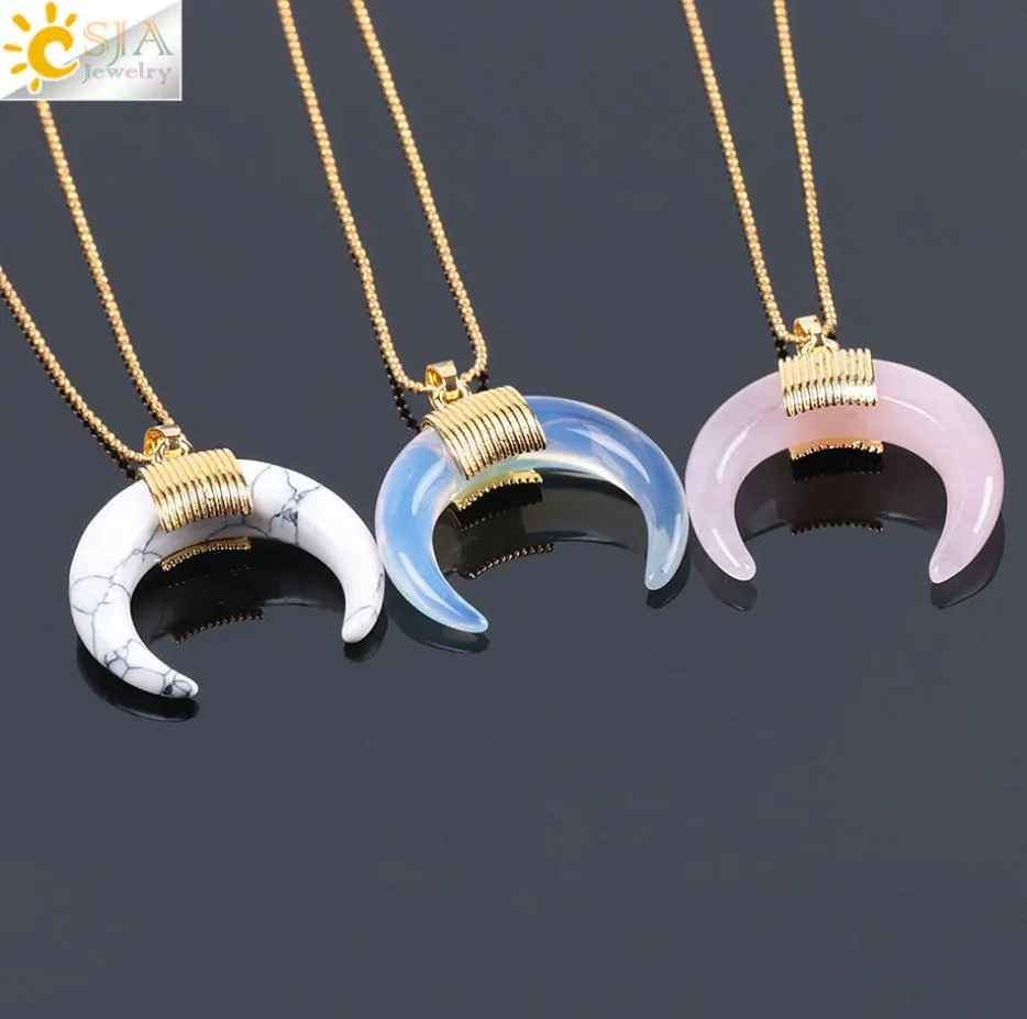 CSJA Natural Stone Crescent Half Moon Necklace مع سلسلة ألوان ذهبية ملفوفة للنساء Rose Quartz Crystal DIY المجوهرات F0638919560