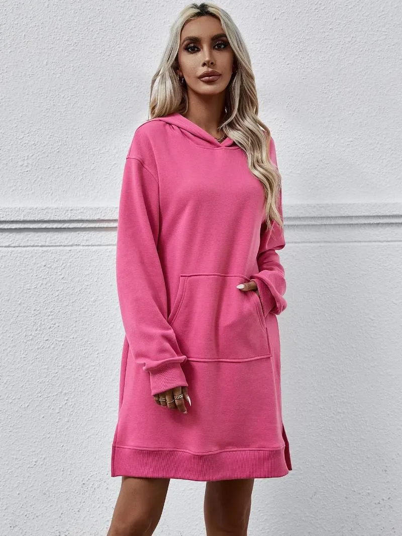 Sweats à capuche pour femmes 2024 Printemps Femmes Robe Gris Poche Côté Split Robes Lâches Femme Été Élégant Mode Tendance Dames Vêtements