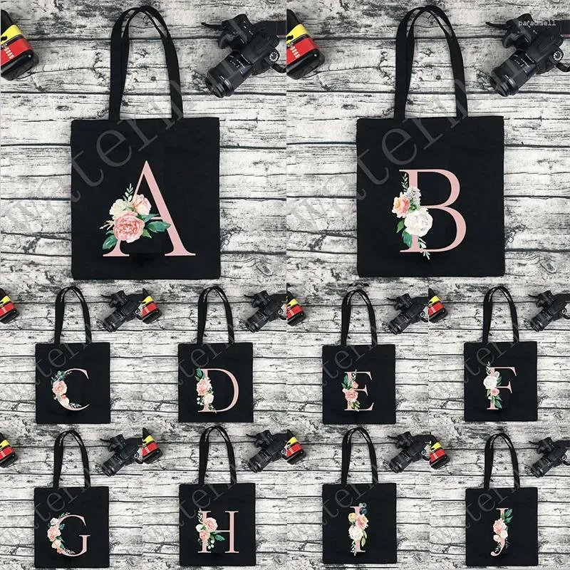 Shopping Bags 26 Letters Pink Flower Printing Women Travel Tote Bag Cute Canvas Large Capacity Portable Shoulder Handbag