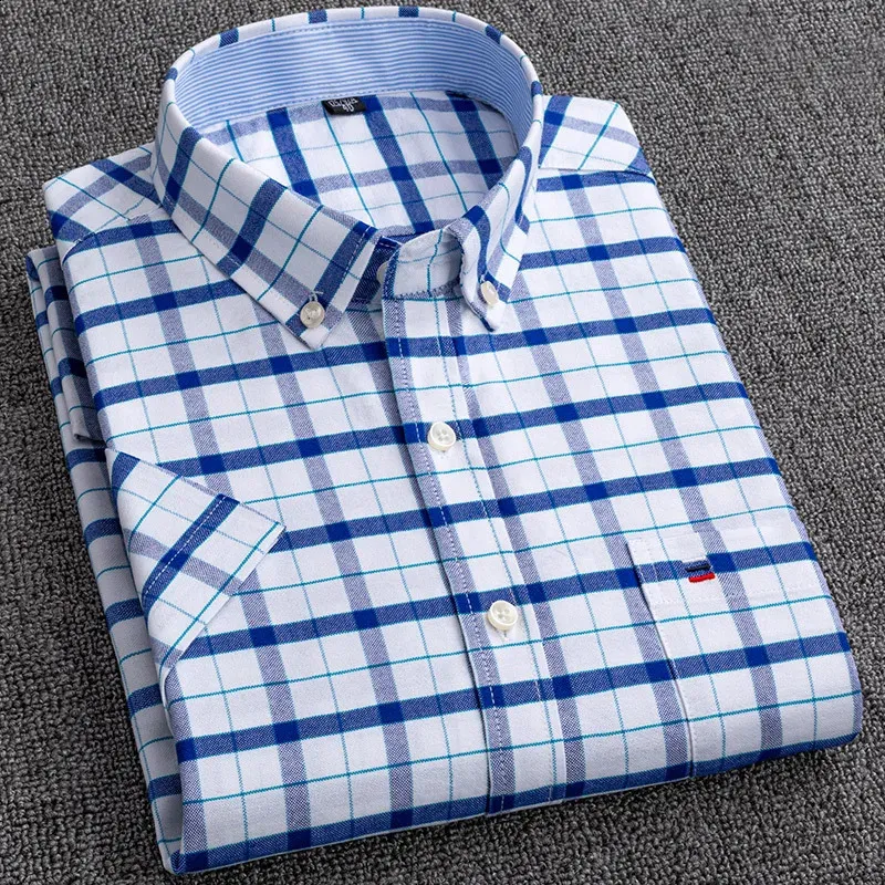 MENS KORT SLEEVE OXFORD PLAID RIPED Casual Dress Shirts Front Patch Chest Pocket Regularfit Buttondown Collar Work 240119