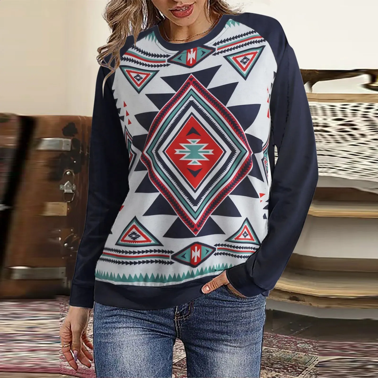 Autumn Ethnic Style 3D Print Raglan Sleeve Women Pullovers Hoodies Streetwear Female Sweatshirts Tops Overdimensionerade Woman Clothing 240131