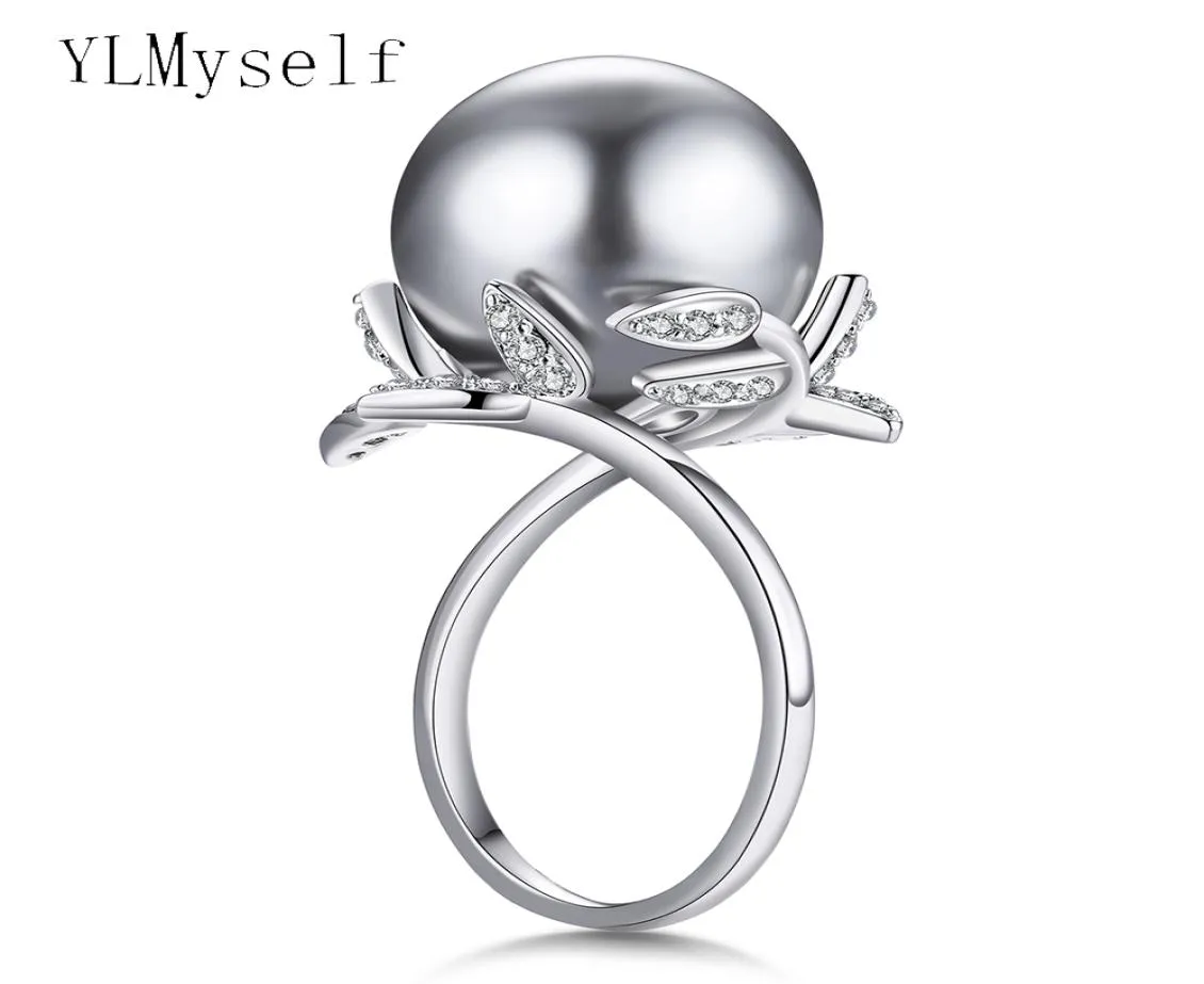 Fantastic Leaf ring with big Grey Pearl Trendy White jewellery drop anel anillos aneis female jewelry rings8344905