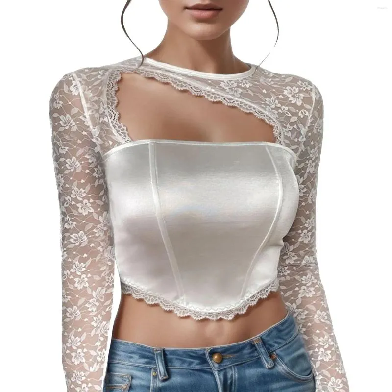 البلوزات النسائية الأنيقة Dirndl Lace Blouse لـ Oktoberfest Sexy Hollow Out See-Enrough Wrap Crops Tops German Bavarian Beer Comples