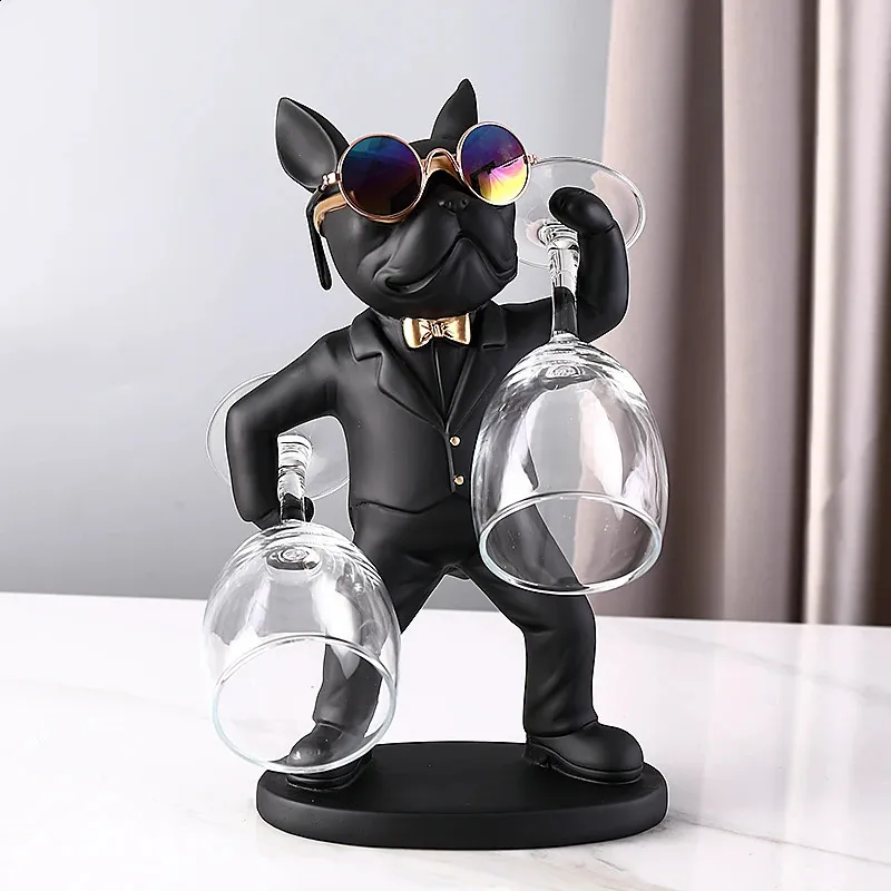 Hemdekoration Dog Ornament French Bulldog Ving Glass Holder Stand Tabell Nordic Harts Sculpture 240127