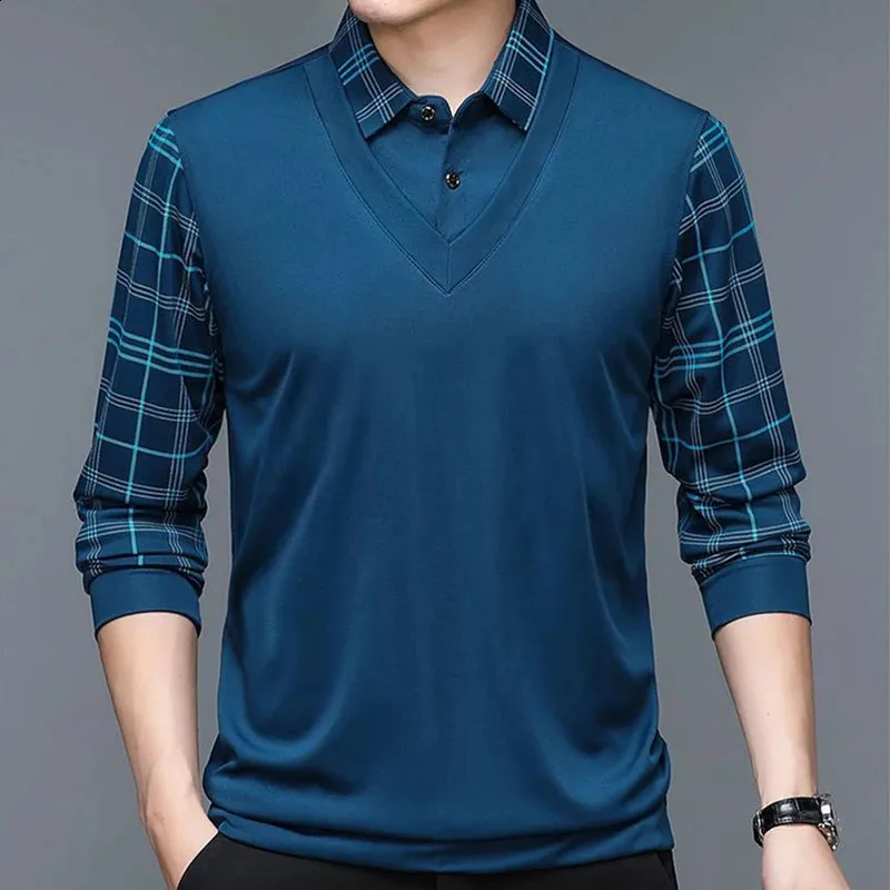 Spring Men's Long Rueve Polo Shirt Plush zagęszczony stały kolor kołnierzyka Koszulka Plaid Button Fashion Casual Tops 240123