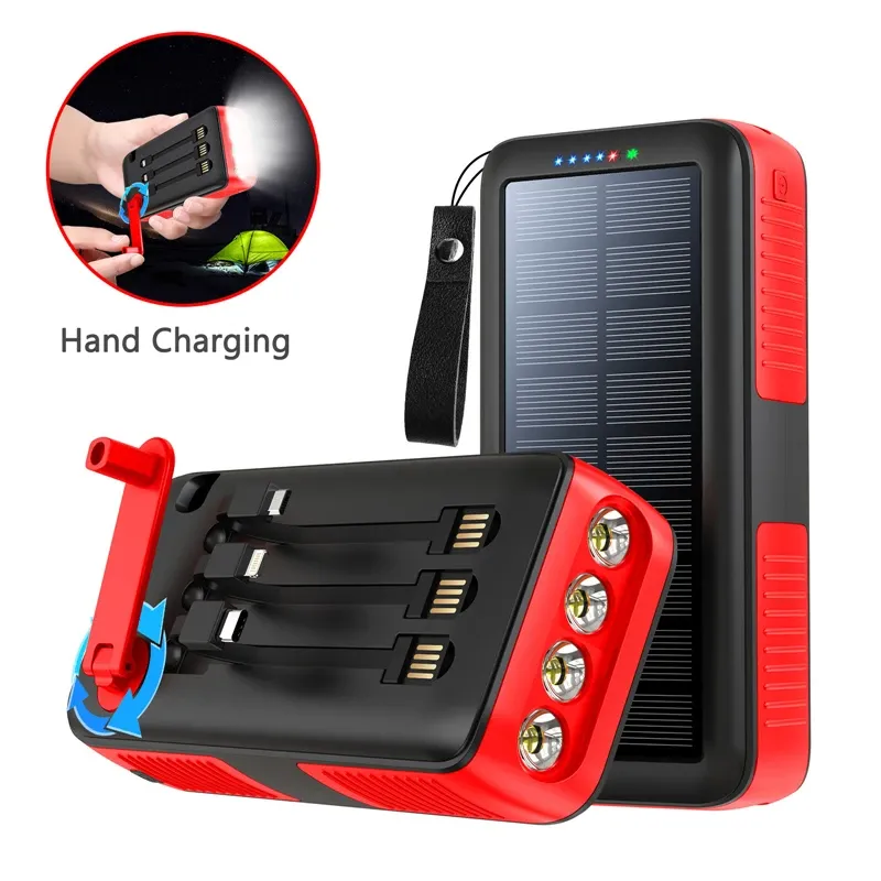 Chargeur Solaire Power Bank 20000mAh   Riapow 22,5W Charge Rapide Batterie Externe sans Fil avec 2 Câbles Intégrés, 3 Ports USB, Lampes de Poche Chargeur Portable pour Téléphone Tablettes Camping