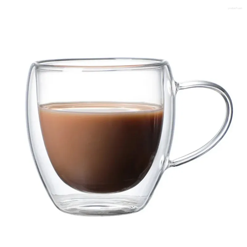 Wine Glasses 250ml Double Wall Transparent Glass Coffee Cup With Handle Double-layer Heat Insulation High Temperature Juice Milk