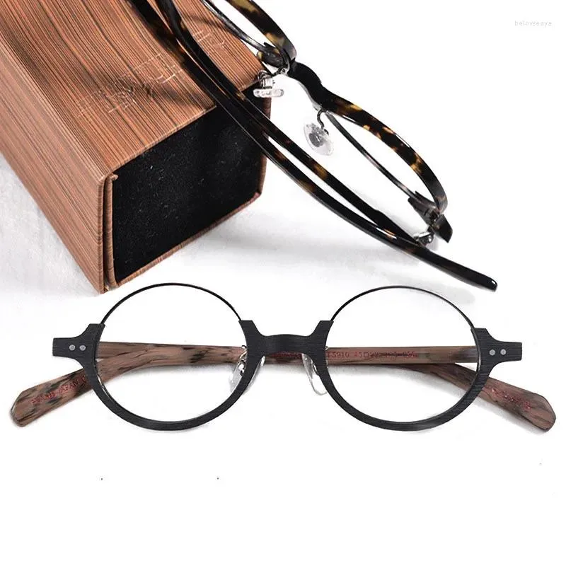 Lunettes de soleil Cadres Japon Style Petit Rond Inversé Demi-Jante Lunettes Bois Grain Acétate Unique Prescription Lunettes Pour Hommes Lecture Lunettes