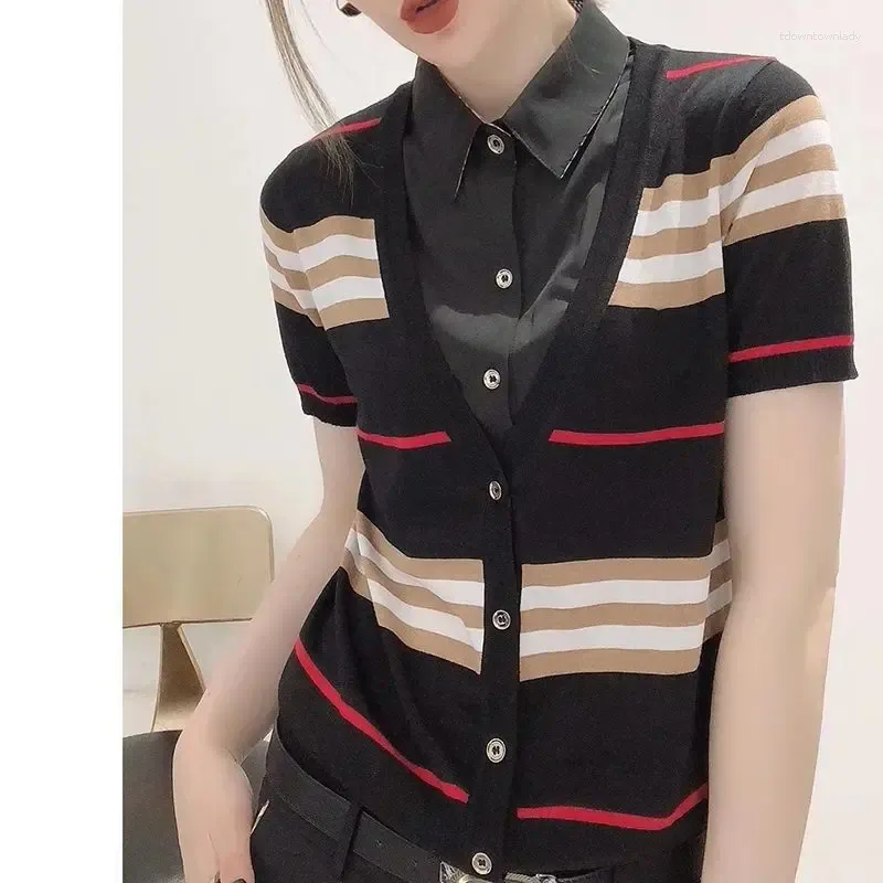 Women's T Shirts Spring and Summer False-Two-Piece Shirt Collar Pullover Cardigan 2024 Fashion Classic Plaid Sticked Casual Top