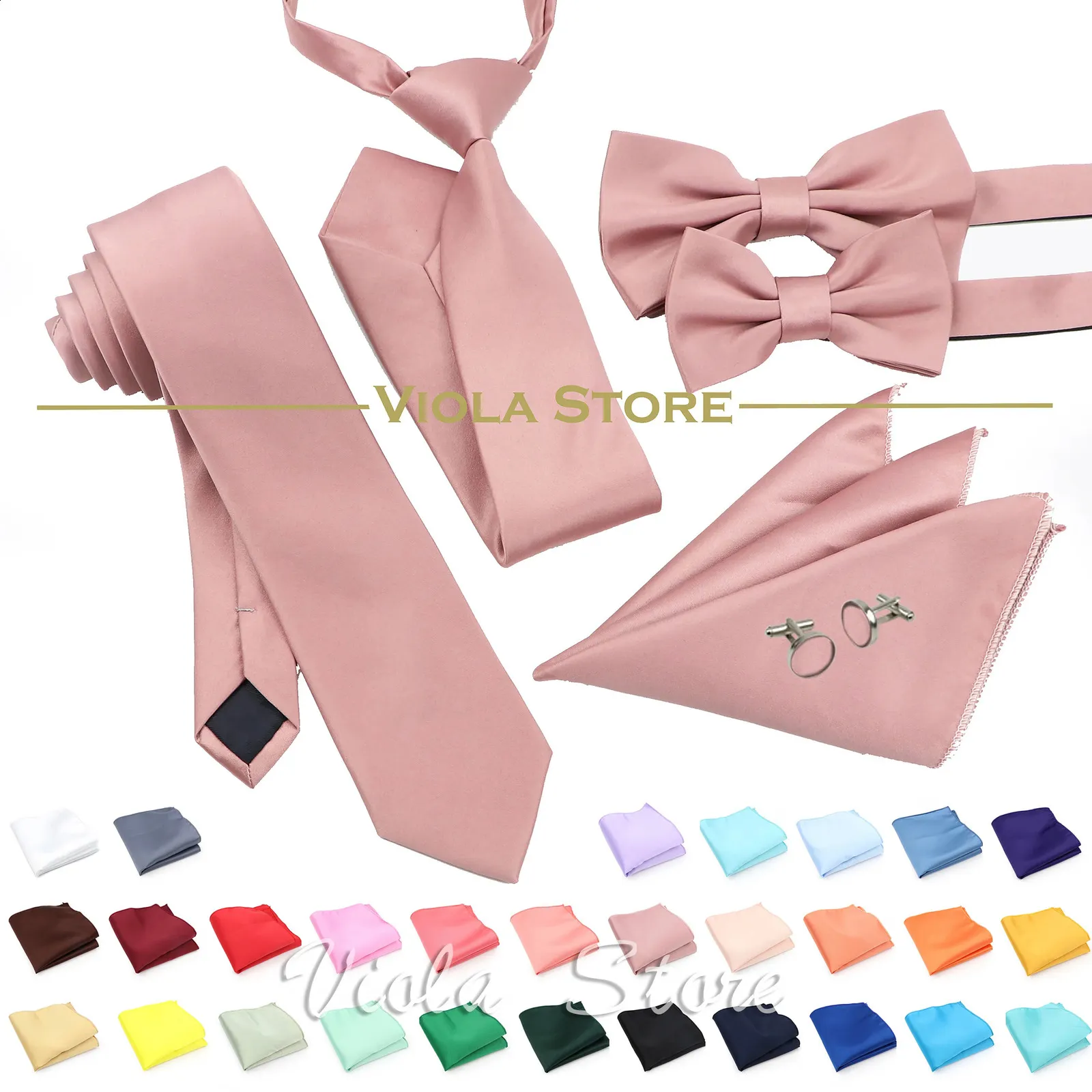 6 datorer toppfärggrön rosa blå polyester solid 6 cm slips set män barn bröllop bowtie hankie fest present cravat skjorta tillbehör 240122