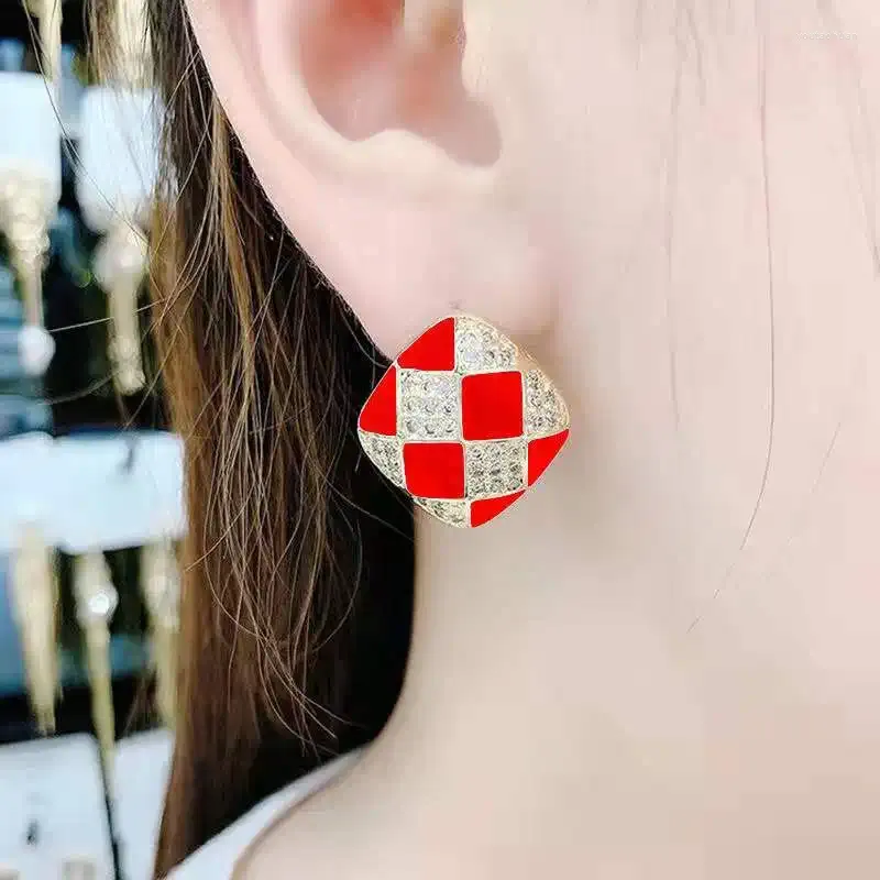 Boucles D'oreilles Exquis Luxueux Noir Blanc Rouge Damier Mosaïque Pierres Semi-précieuses Vintage Carré