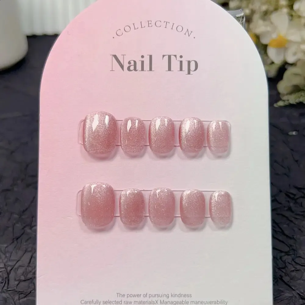 Handmade Short Press on Nails Korean Pink Y2k Eye Cat Design Reusable Adhesive Fake Nails Acrylic Full Cover Nail Tips for Girls 240129