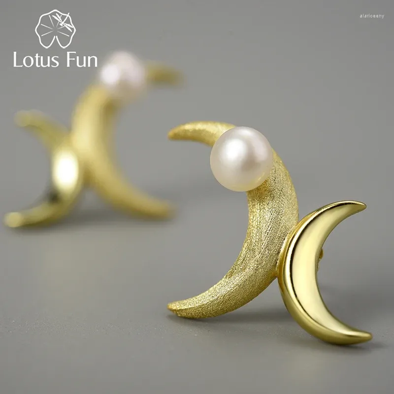 Oorknopjes Lotus Fun Natuurlijke Parel 18K Goud Asymmetrische Dubbele Maan Voor Vrouwen Hoge Kwaliteit 925 Sterling Zilveren Fijne Sieraden