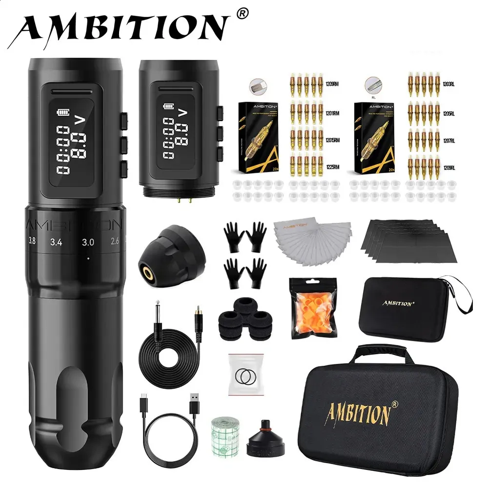 Kit de máquina de tatuagem Ambition MARSU Caneta de bateria sem fio Curso ajustável 2242mm Motor profissional sem fio 1800mAh 240202