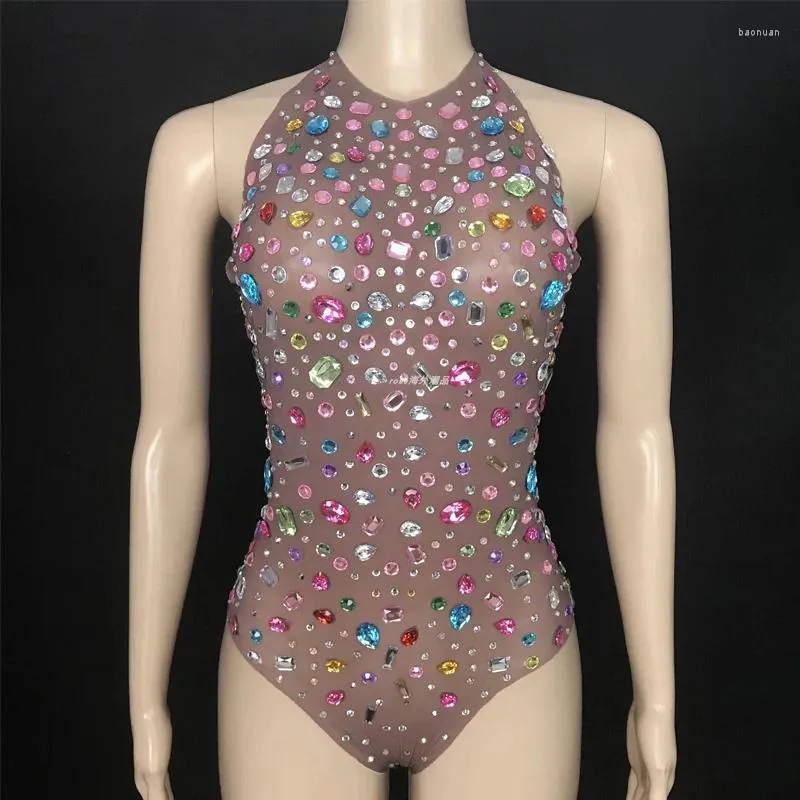 Stadiumkleding Kleurrijke Strass bodysuit Sexy Mesh Luipaarden Nachtclub Party Pole Gogo Dancer Kostuum Dames Zanger Festival Outfit XS6056