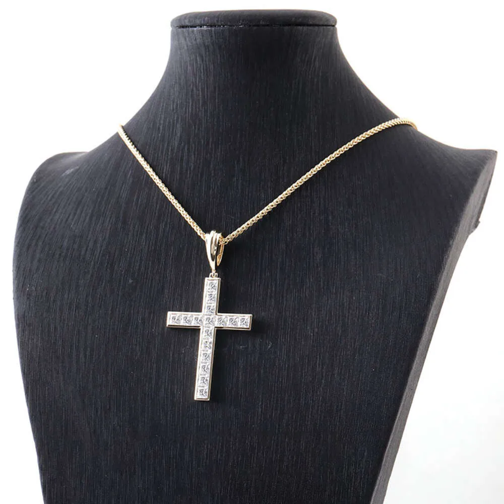 Pendentif croix Hip Hop avec diamant Moissanite taille princesse VVS, bijoux en or véritable, collier pour hommes et femmes