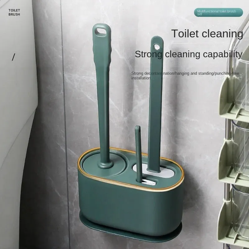 Tuvalet Fırçası Silikon Ücretsiz Duvara Bağlı Çok Fonksiyonlu Üç Parçalı Temizlik Aracı BRACKET İLE Banyo Aksesuarları Setleri 240306