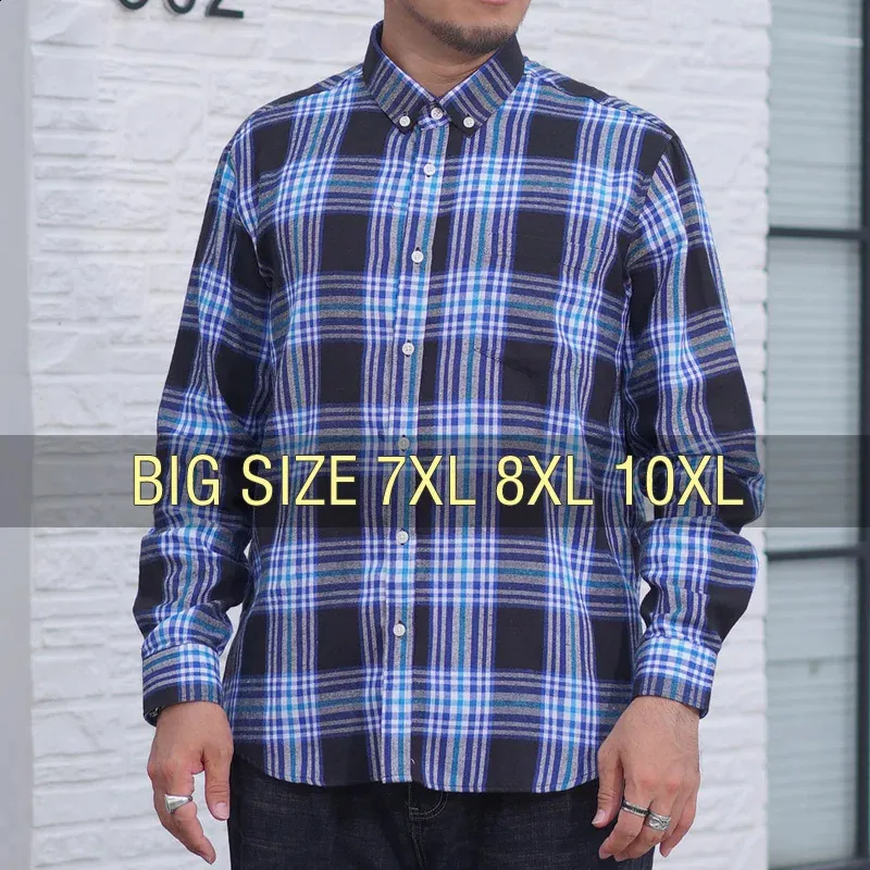 Men Shirt Plaid Flannel Oversize 6XL 7XL 8XL 10XL Plus Size Fashion Casual Loose Long Sleeve Cotton Soft Dress High Quality 240201