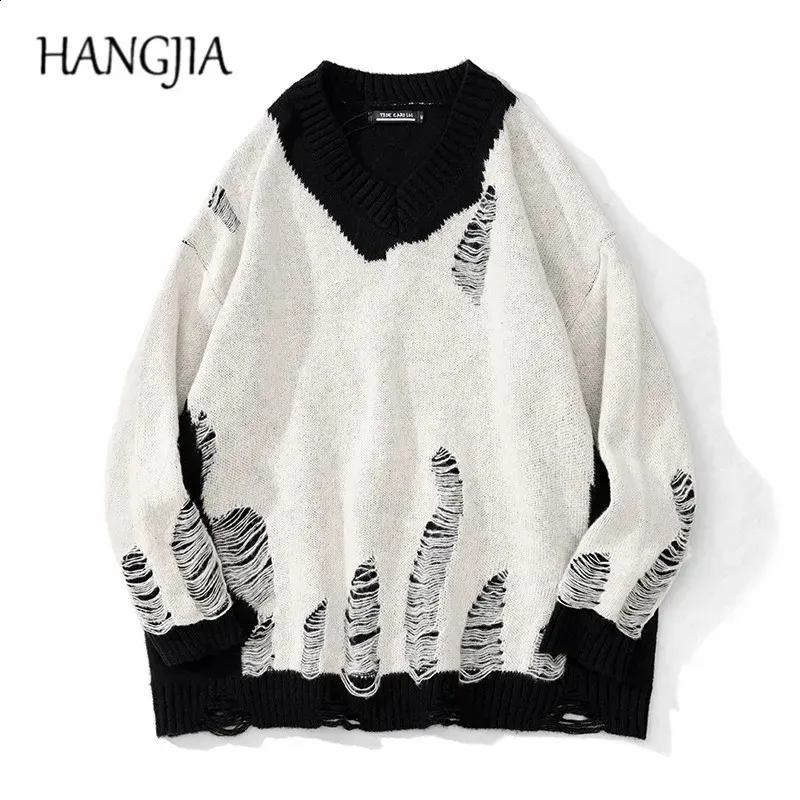 Negro Blanco Patchwork Jerseys Suéteres Lavado Destruido Ripped Suéter Hombres Harajuku Hole Knit Jumpers para mujeres de gran tamaño 240202