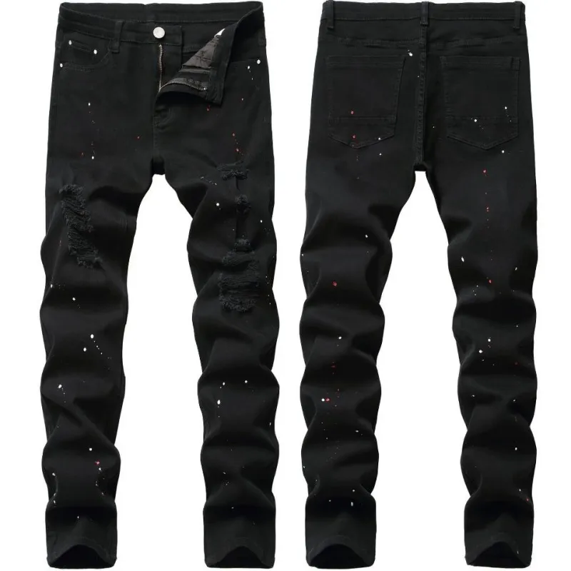 Denim Jeans Design Fashion Lacquer Foot Casual Pants Stretch Regular Fit Black Long Jeans Men's Four Season Plus Size 240118