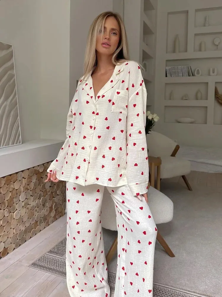 Hiloc Love imprimé coton pyjamas pour femmes simple boutonnage poche en vêtements de nuit pour femmes revers à manches longues femme vêtements 240202