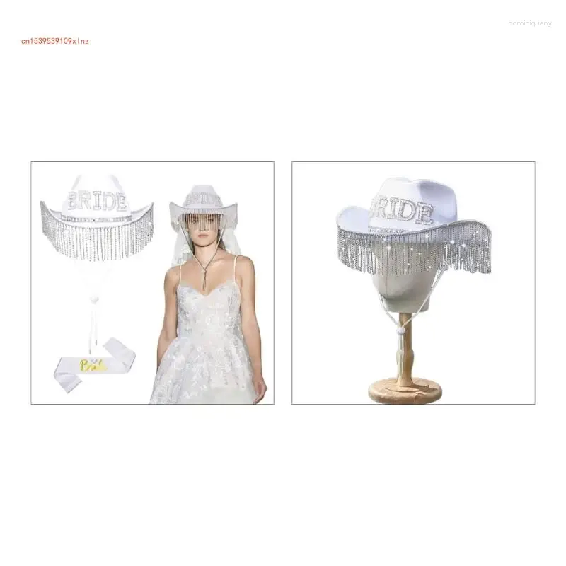 Berretti 1 set Cappello da cowgirl da sposa fatto a mano Set tracolla da sposa Set Fedora bianco brillante occidentale con frange