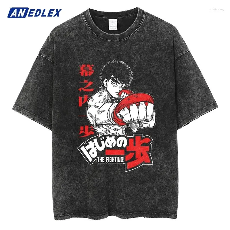 Men's T Shirts Japanese Anime Print Vintage T-shirt Men Oversized Washed Harajuku Streetwear 2024 Fashion Summer Black Tops Tees