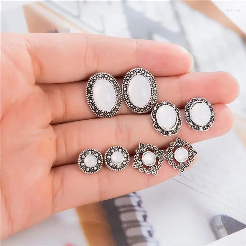 Stud Earrings 4Pairs/Set White Opal Stone Vintage Hollow Alloy Earring Set For Women Party Statement Jewelry Boucle D'oreille
