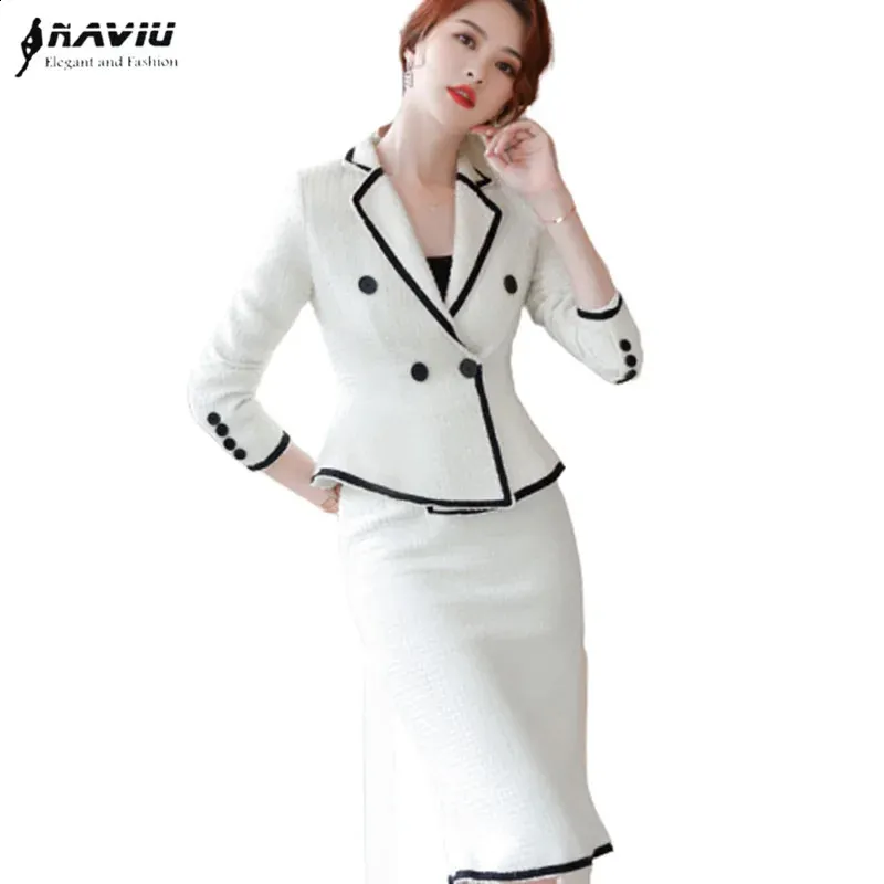 Naviu HighEnd Formal Suit Women Fashion Slim Business Long Sleeve Woollen Blazer and Skirt Office Ladies Work Wear 240202