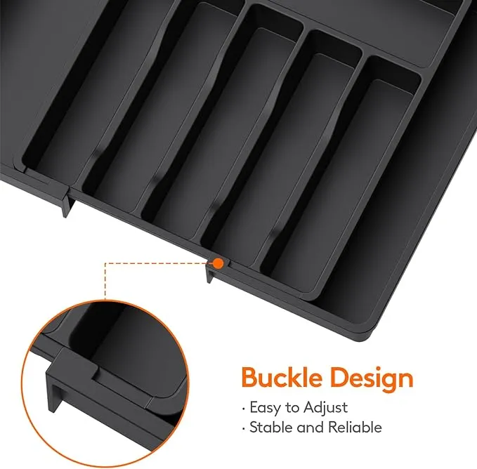 Latitude Run® Large Utensil Organizer For Kitchen Drawer, Expandable From 21 To 36 Inches, Adjustable Cooking Silverware Tray, Plastic Cutlery Flatware Holder, Spatula Tools Gadgets Storage Divider, Black
