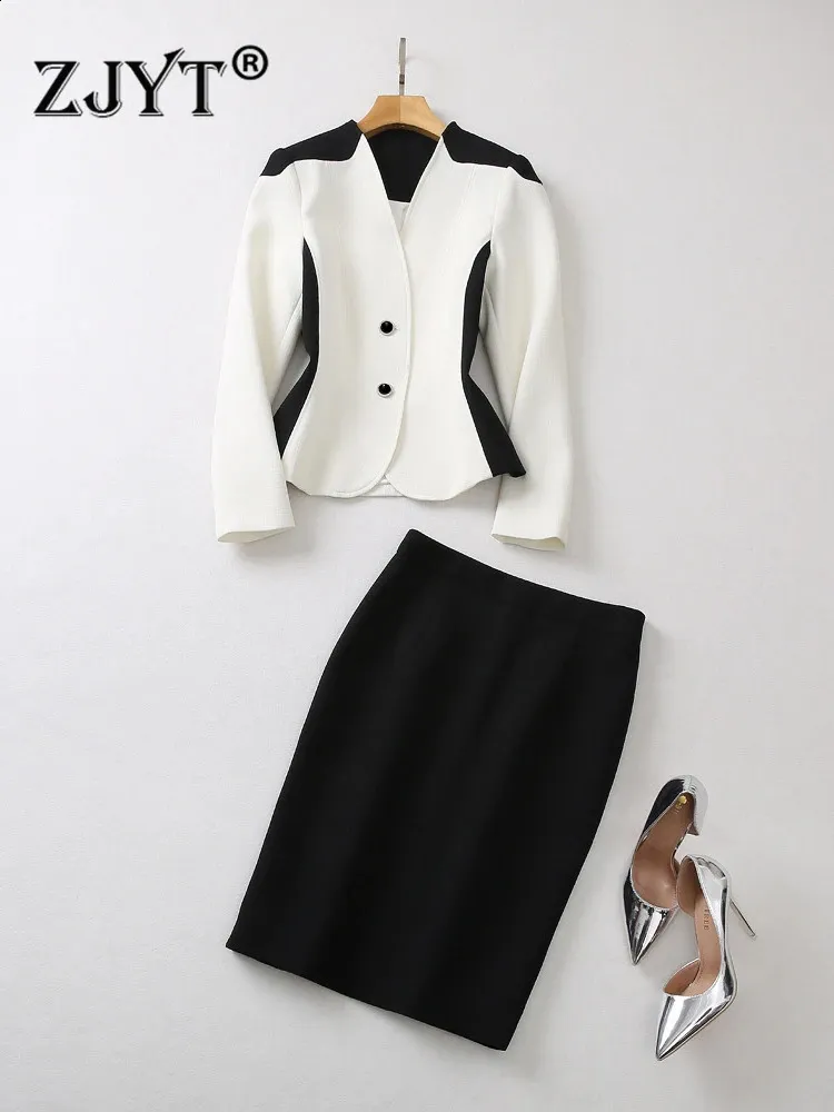 Zjyt Autumn Color Block Blazer Suit kjol Tvådelt klänning sätter kvinnor outfit elegant kontor formell conuntos de falda vestidos 240124
