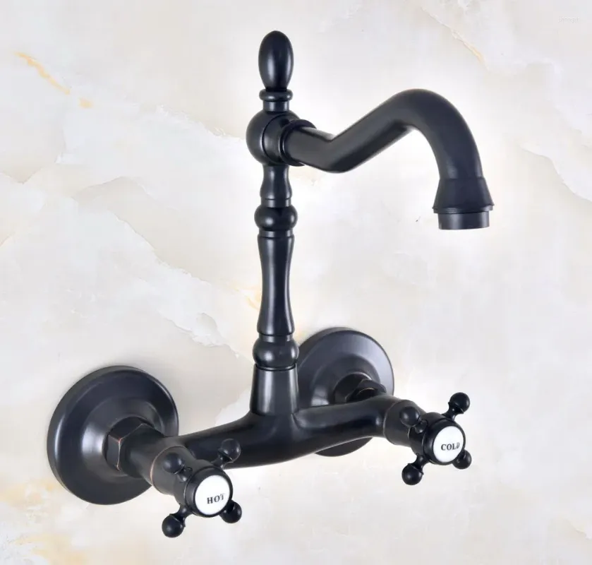 Bathroom Sink Faucets Dual Handle Duals Hole Wall Mount Basin Faucet Oil Rubbed Bronze Vanity Kitchen Cold Water Taps Dnf457