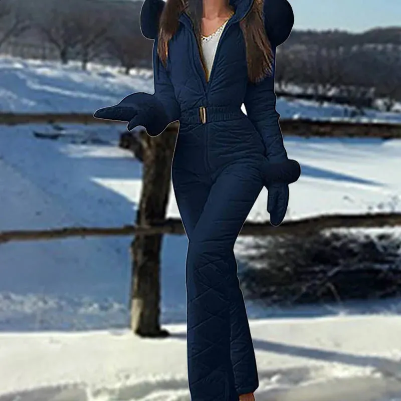 Winter Hooded Jumpsuits Parka Elegant Cotton Padded Warm Sashes Ski Suit Straight Zipper Women Casual Tracksuits 240122