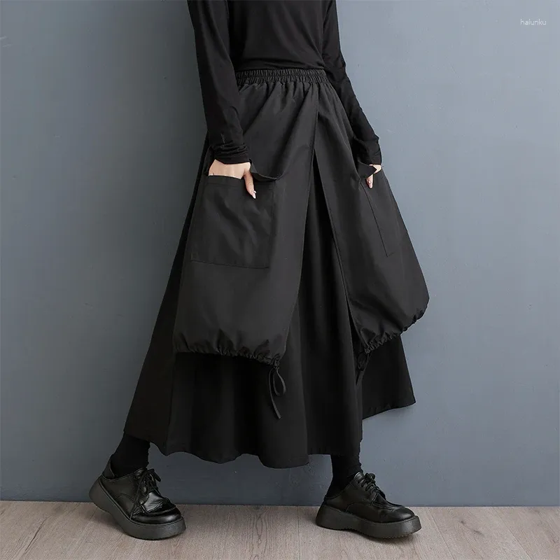 Etekler Avrupa Amerikan tarzı patchwork büyük cepler yüksek bel şık bayan bahar siyah sokak moda kadınlar sonbahar gündelik