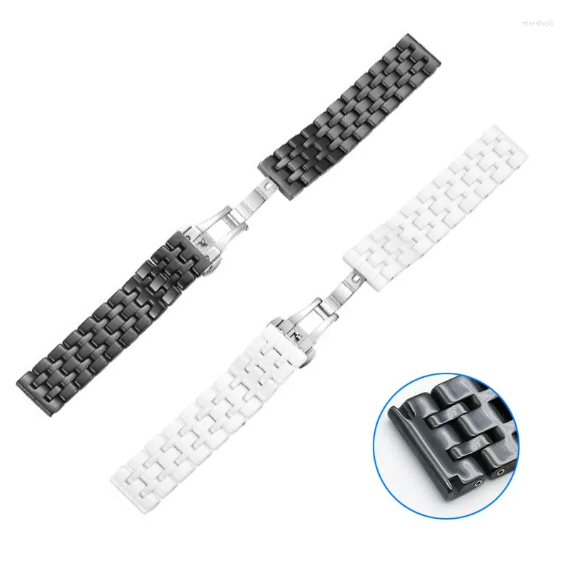 Assista Bandas 2024 20mm Flat Black / White Cerâmica Strap Butterfly Buckle Watchband para Huawei Gear S3