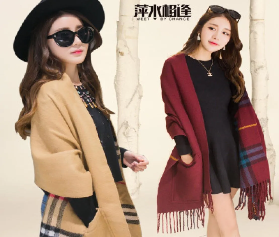 Designer Scarf Pocket Shawl Autumn Winter Dual Use Cashmere Tassel European och American Plaid Double Sided Thick Shawl Lady Gift1865564