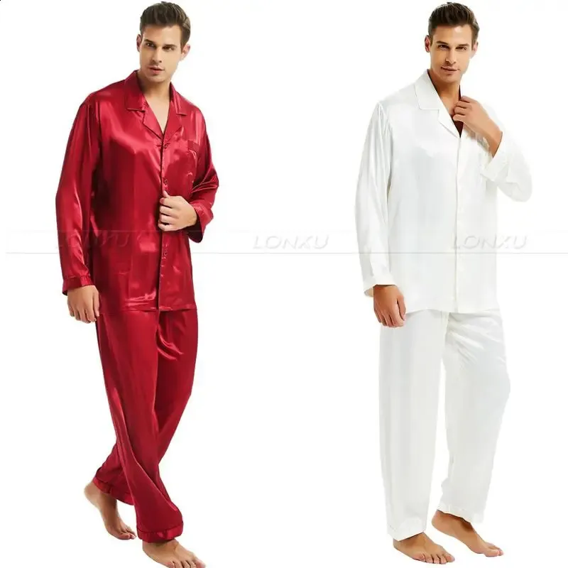 Conjunto de pijamas de cetim de seda dos homens pijamas conjunto pjs conjunto sleepwear loungewear smlxl2xl3xl4xl _ presentes perfeitos 240202