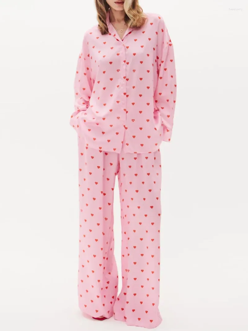 Женская одежда для сна Y2k, пижама с бантом, женская рубашка из 2 предметов с длинными рукавами и лацканами на пуговицах, комплект брюк для отдыха на день Святого Валентина