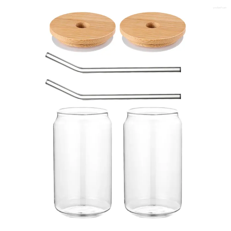 Wine Glasses 2 Sets Glass Sippy Cup Household Beverage Mugs Straw Cups Coffee Milk Clear Water Bottle Drinking With And Lid