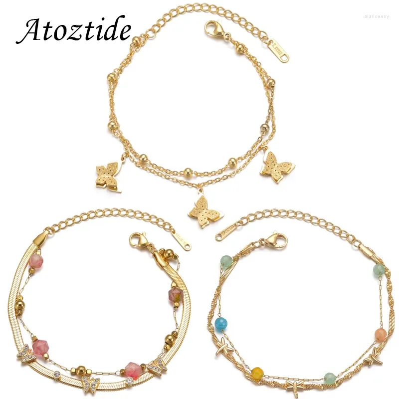 Charm Bracelets Atoztide Beaded Butterfly Double-Layer For Women Stacking Bangle Chain Adjustable Jewelry Gift Accessories