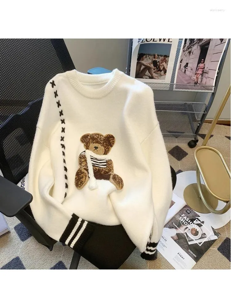 Kobiety swetry 2024 Winter Women O-Neck Cartoon Bear Sweater Patchwor Harajuku Korean Style Ogółemi długie rękawie Pullover Sweeters Feamle