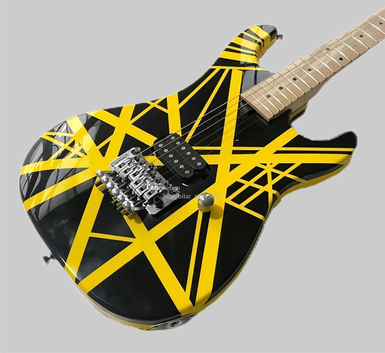 Eddie Edward Van Halen 5150 Guitare électrique noire à rayures jaunes, poupée banane, pont trémolo Floyd Rose, écrou de verrouillage, barre Whammy