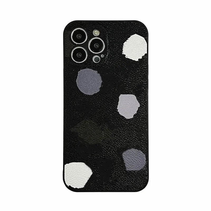 iPhone 15 Pro Max Designer Polka Phone Case for Apple 14 13 12 11 XR XS Luxury PU Leather-Included Full-Body Dot Floral Print Embossed Back Cover Coque Fundas Black