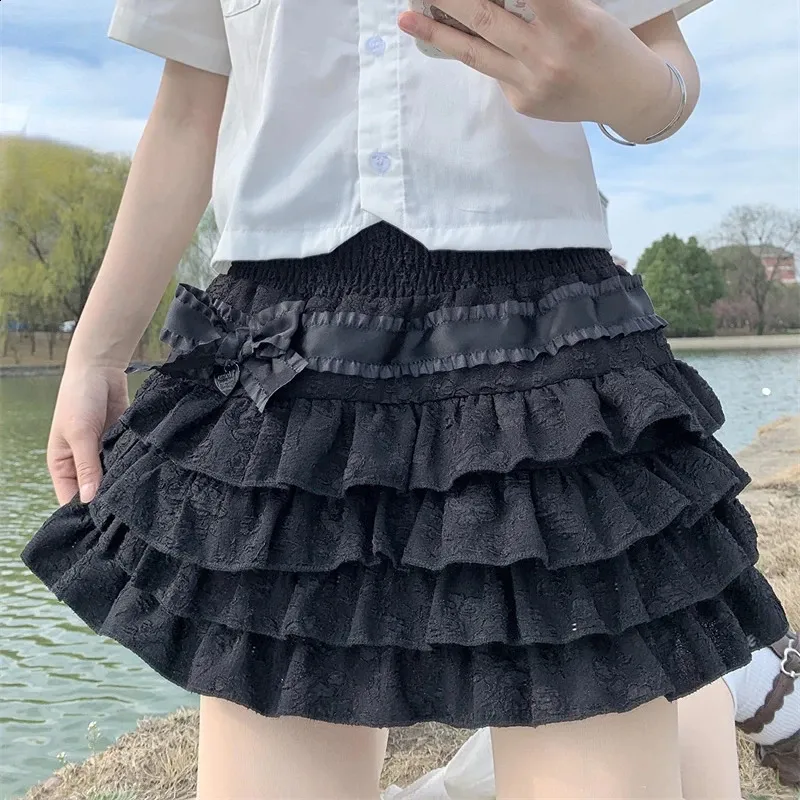 Style japonais Kawaii Lolita Mini jupe femmes gothique taille haute à volants jupes à plusieurs niveaux doux Girly été Harajuku Y2k jupe courte 240202