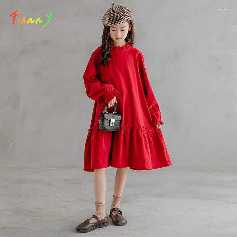 Robes de fille enfants robe de noël automne hiver filles vêtements coton décontracté genou longueur volants mince velours côtelé Swing 6-16 ans