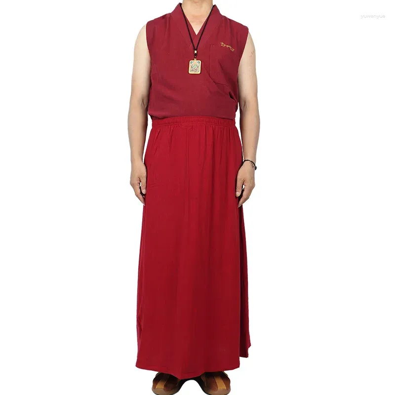 Vêtements ethniques Népal Bhoutan Lama Monk Été Coton Lin Gilet et demi-jupe Ensemble vêtement sans manches Dongga Costume du temple tibétain