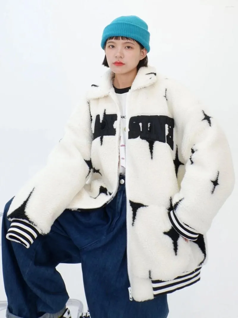 여자 트렌치 코트 스타 양고기 양모 폴로 칼라 코트 코트 2024 겨울 느슨한 핏 bf 거리 힙합 두꺼운 재킷